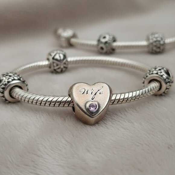 Pandora Jewelry - Pandora Sterling Silver "Wife" Heart Charm with Pink CZ small stone